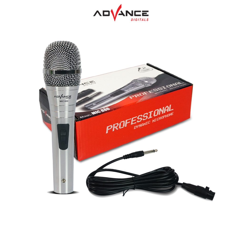 Advance Mic karaoke Mic-886 Mic kabel suara jernih Microphone karaoke / kabel jack 6.5mm | Mic Kabel Bodi Besi Silver Jack Besar 6.5mm Karaoke Panjang ADVANCE MIC-886 | FMS