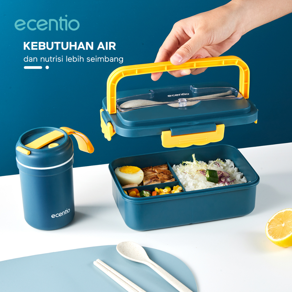 ecentio &amp; FOODI tempat makan set 1000ml dan tas bekal makanan tumbler minum 330ml 3pcs/merah/biru/lunch box set 3 Sekat/botol minum 330ml/tas alumunium foil lunch bag/Free Sendok/BPA free