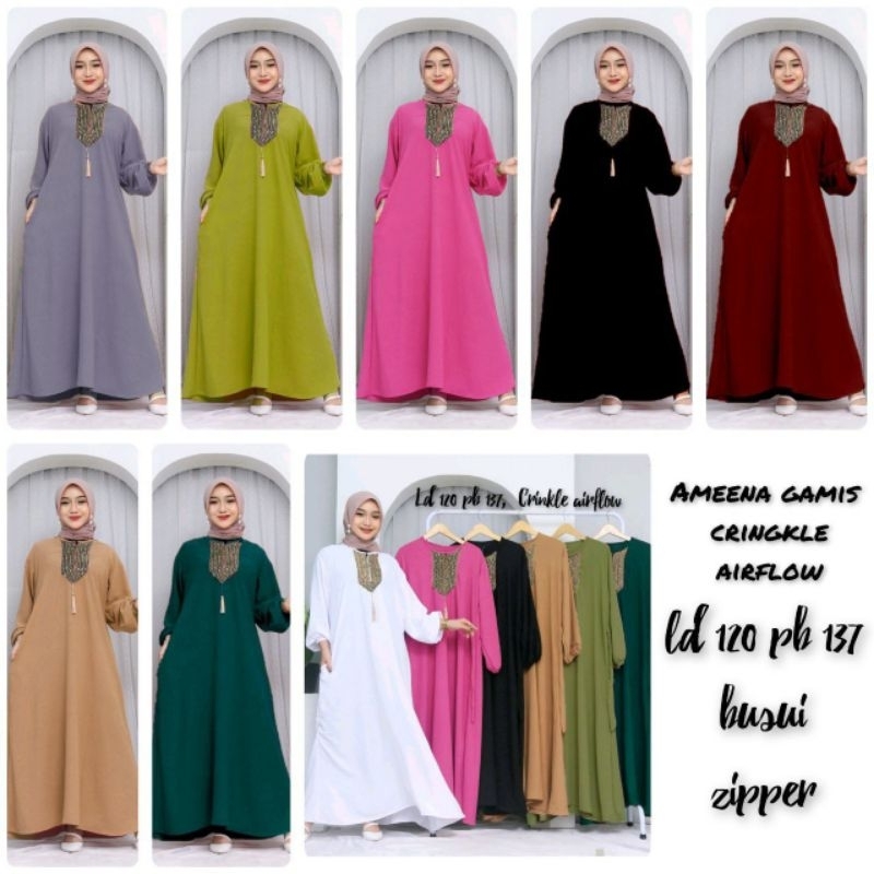 GAMIS ARAB AMEENA CRINKLE AIRFLOW BUSUI ZIPPER LD 120CM PB 137CM RAYON SUPER