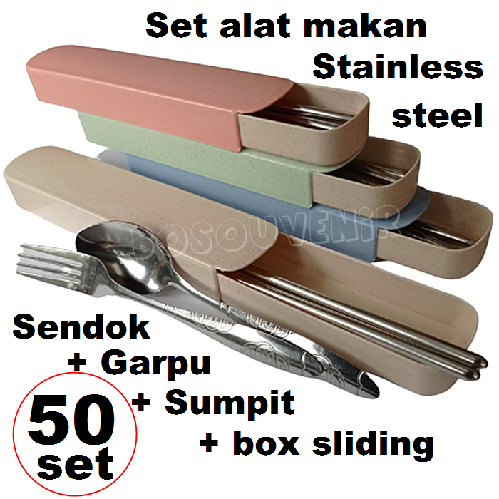 SENDOK SET STAINLESS STEEL SOUVENIR ISI 50 SENDOK MAKAN GARPU SUMPIT STAINLESS KEMAS BOK JERAMI