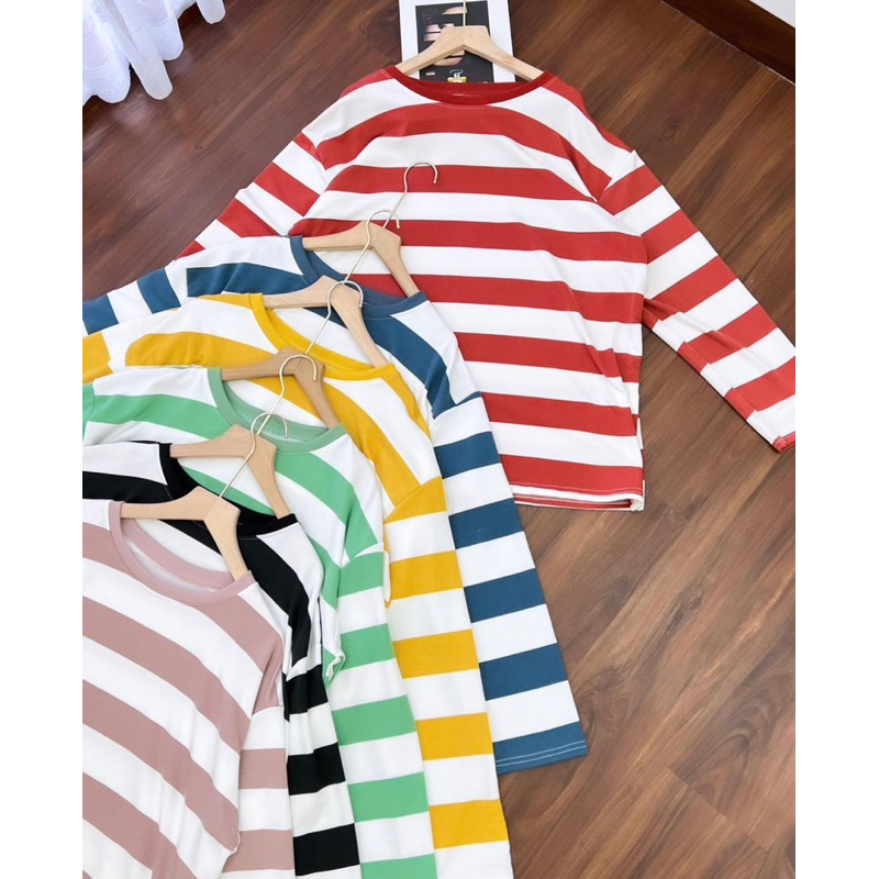 9451 atasan wanita kaos import salur tangan panjang atasan wanita oversize(2)