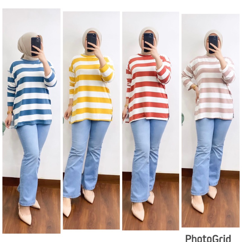 9451 atasan wanita kaos import salur tangan panjang atasan wanita oversize(2)