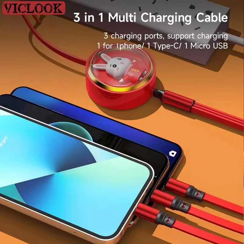 VICLOOK COD 3 In 1 100W 5A Kabel Data Usb Retractable Dekorasi Kelinci Lucu Kabel Pengisian Cepat Untuk Ios Android Type-c