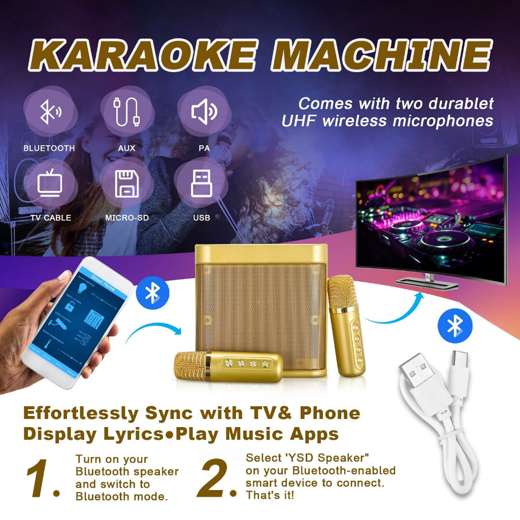 Speaker Karaoke 2 Mic YS-203 MIC 100W Voice Change Karaoke Speaker Bluetooth Portable Wireless 2 mic