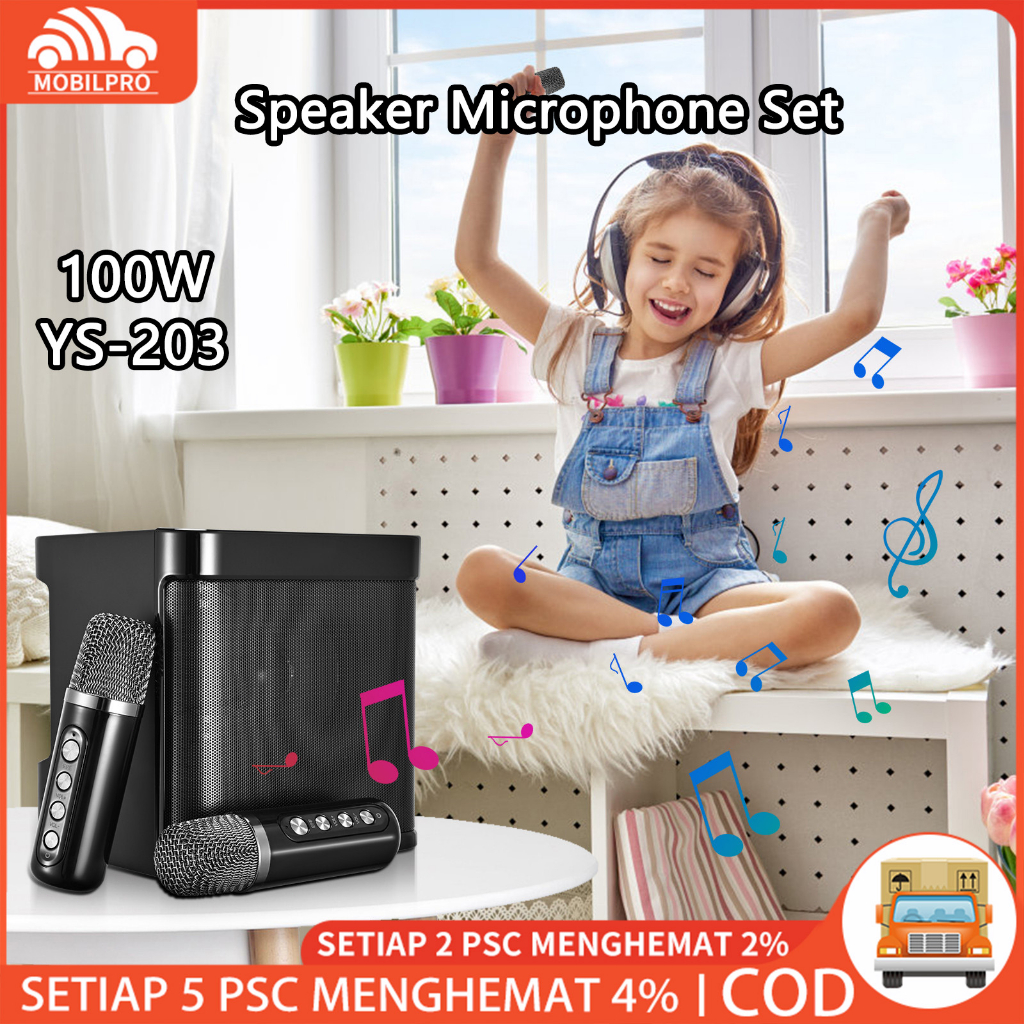 Speaker Karaoke 2 Mic YS-203 MIC 100W Voice Change Karaoke Speaker Bluetooth Portable Wireless 2 mic