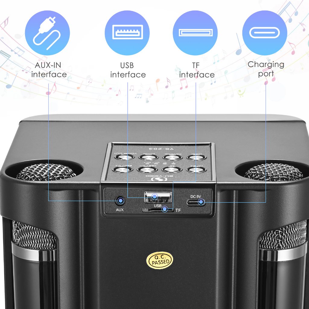 Speaker Karaoke 2 Mic YS-203 MIC 100W Voice Change Karaoke Speaker Bluetooth Portable Wireless 2 mic