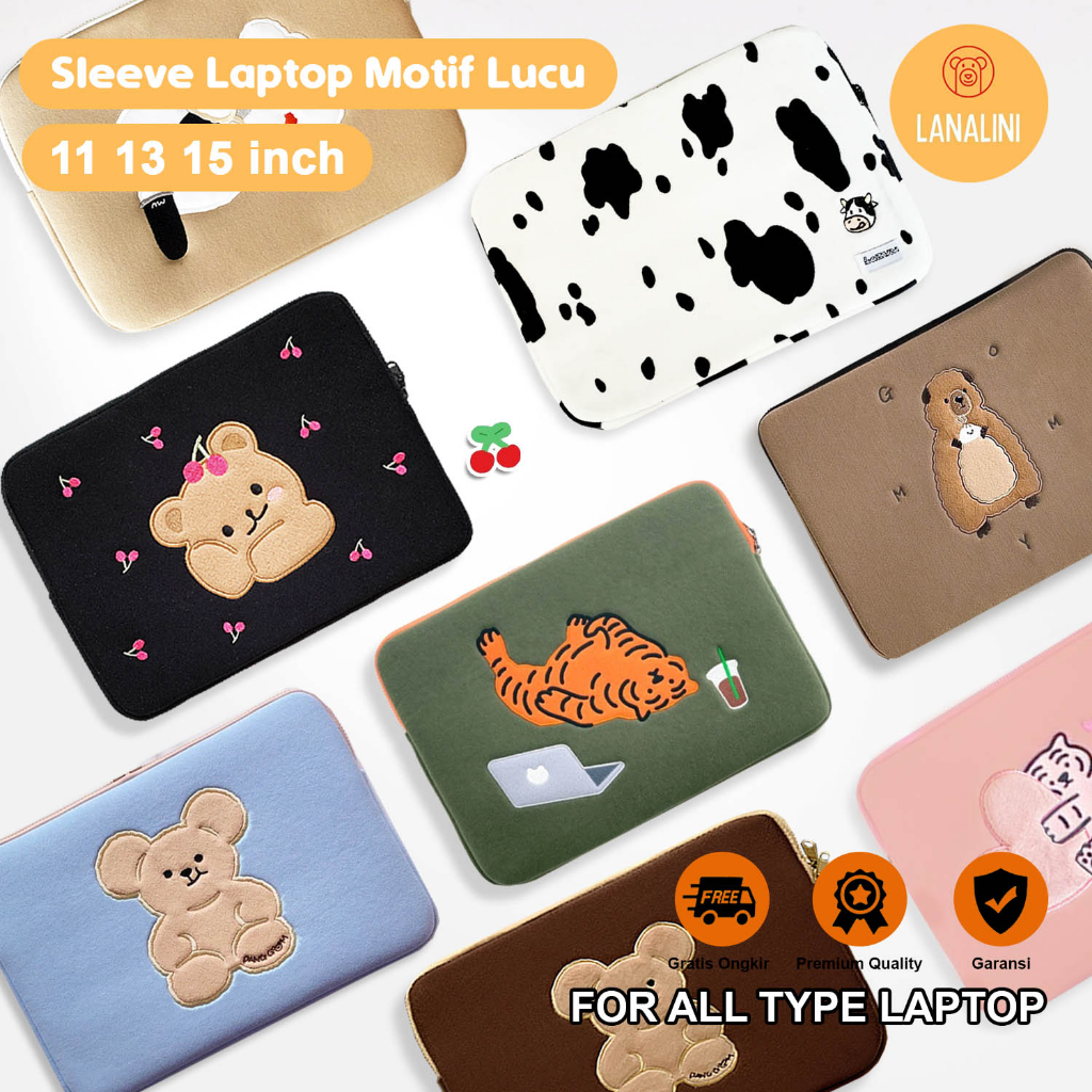 Sleeve Pouch Sarung Tas Bag Case Ipad Tab Tablet Macbook Air Pro Laptop Asus Acer Chromebook Lenovo HP 14S Envy Huawei Samsung Galaxy 11 12 13 14 15 inch Motif Gambar Kartun Bear Tiger Warna Pink Grey Green Hijau Hitam Coklat Cute Murah Korean Model