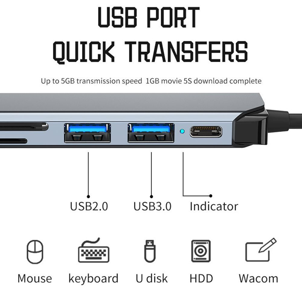 USB Hub Type C Adapter 7 in 1 USB 3.0 USB 2.0 PD 5W - GEN23 - Silver