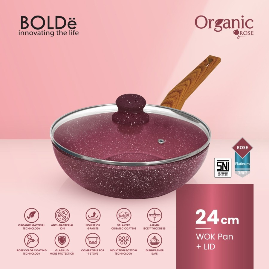 BOLDe ORGANIC ROSE WOK PAN 24 cm + GLASS LID - Wajan Anti Lengket SNI