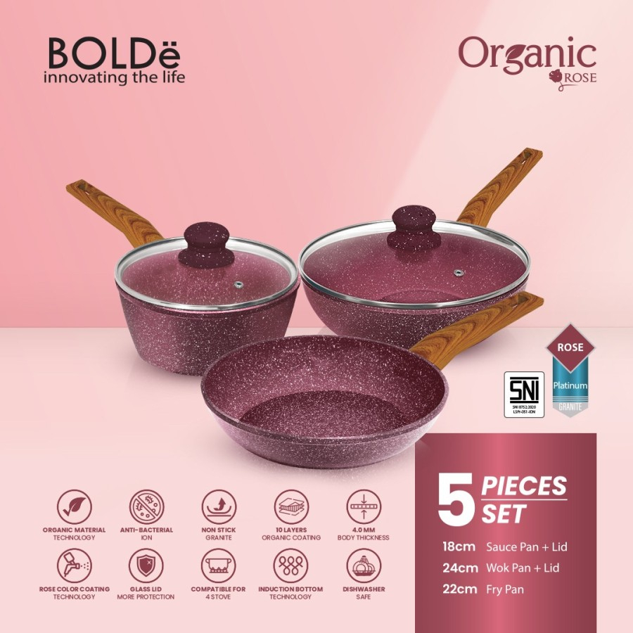 BOLDe ORGANIC ROSE COOKWARE SET 5 PCS - Panci Set Granite Coating Anti Lengket SNI