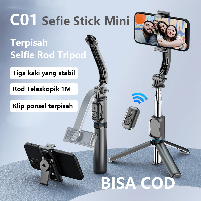 [BISA COD] Tongsis Selfie Stick Bluetooth 360° Rotasi Gimbal HP Tripod Detachable Handphone Clip With Remote Control Tripod Aluminum Alloy