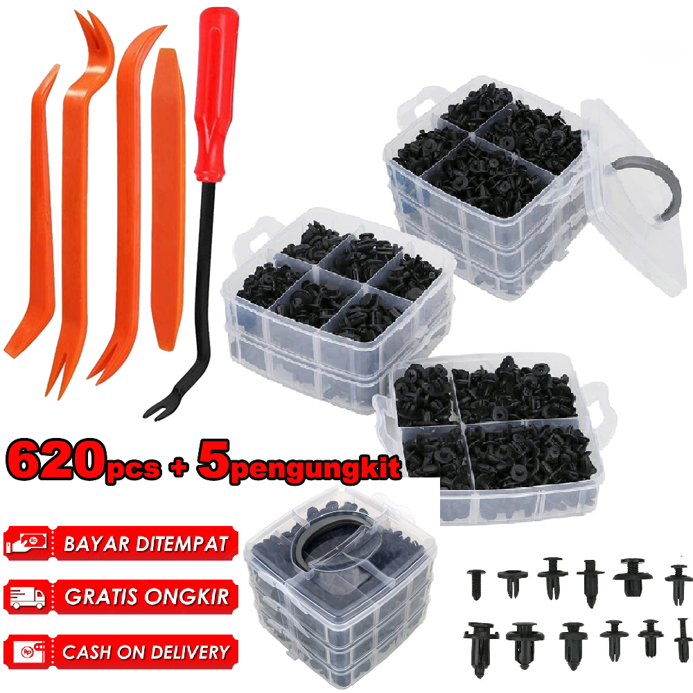 Baut Rivet Mobil Universal Clip kancing 620 PCS plus 5 pcs alat cungkil,  baut pengencang body dashboard mobil motor, klip baut plastik, obeng alat congkel klip baut