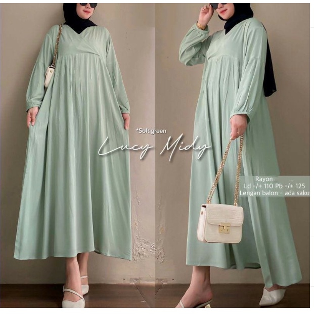 GAMIS WANITA LUCY MIDI DRESS BL Bahan KATUN RAYON MIDI DRESS WANITA TERBARU 2023 KEKINIAN / GAMIS WANITA MUSLIM MODERN / DRESS WANITA CASUAL