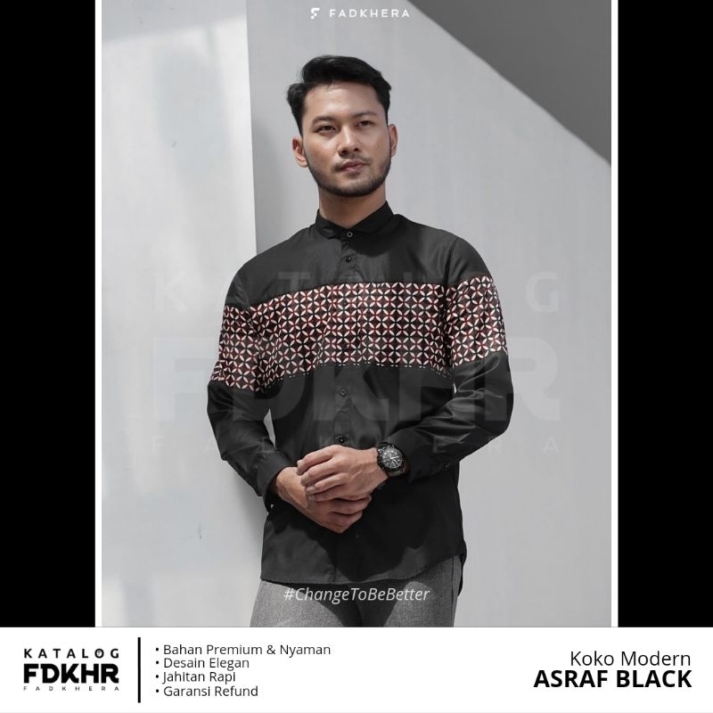 BAJU KOKO FADKHERA ASRAF BLACK KEMEJA PRIA HITAM BATIK MOTIF ISLAMIC