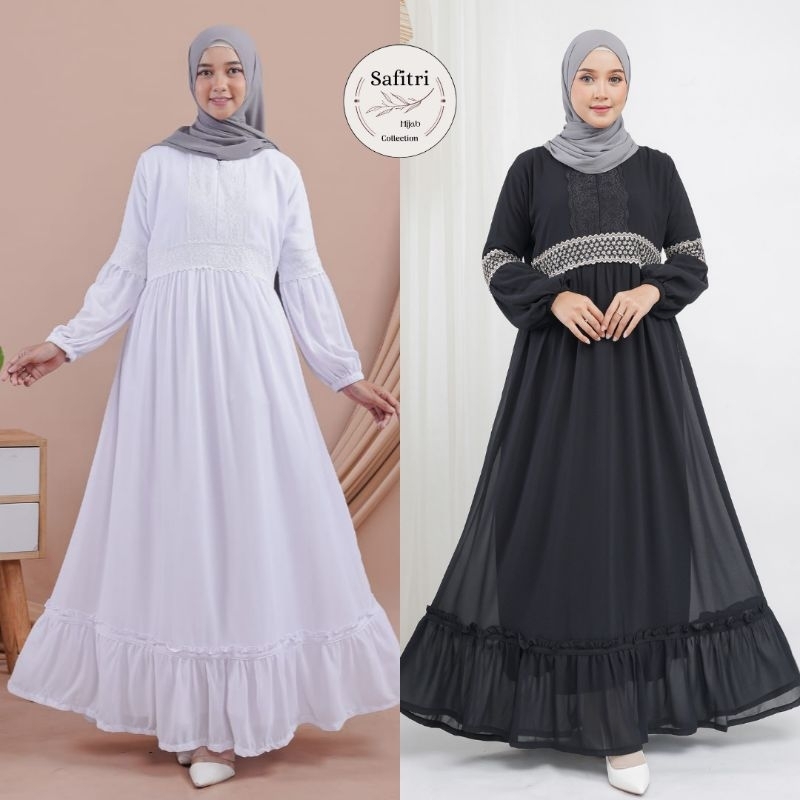 MEDINA DRESS bahan Ceruty (Renda) Rampel Putih Hitam Manasik Haji Umroh Thawaf by Safitri Fashion