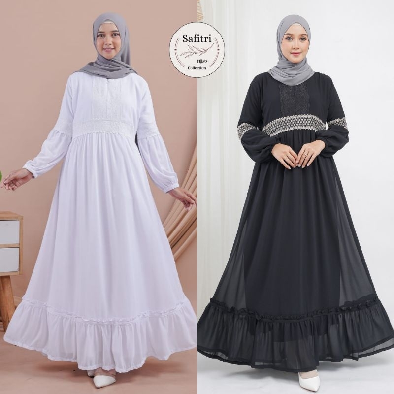 MEDINA DRESS bahan Ceruty (Renda) Rampel Putih Hitam by Safitri Fashion