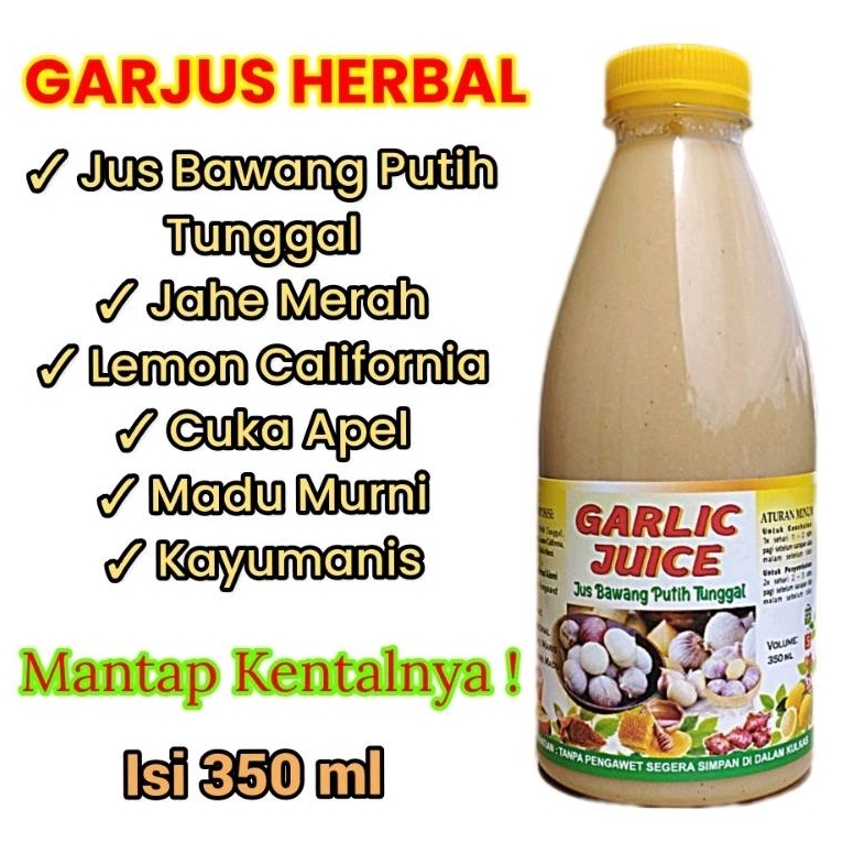 Jus Bawang Putih Tunggal, Jahe Merah, Lemon, Madu Murni, Cuka Apel, Kayu Manis, Ramuan Rempah Herbal, Darah Tinggi Detox Diet Asam Urat Vertigo Ambeien Kolesterol Garjus Garlic Juice 350ml