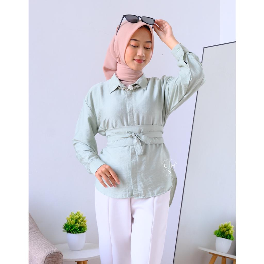 LORENZA KEMEJA BASIC FREE OBI BELT BLOUSE ATASAN WANITA BUSUI POLO LINEN PREMIUM (MSB)