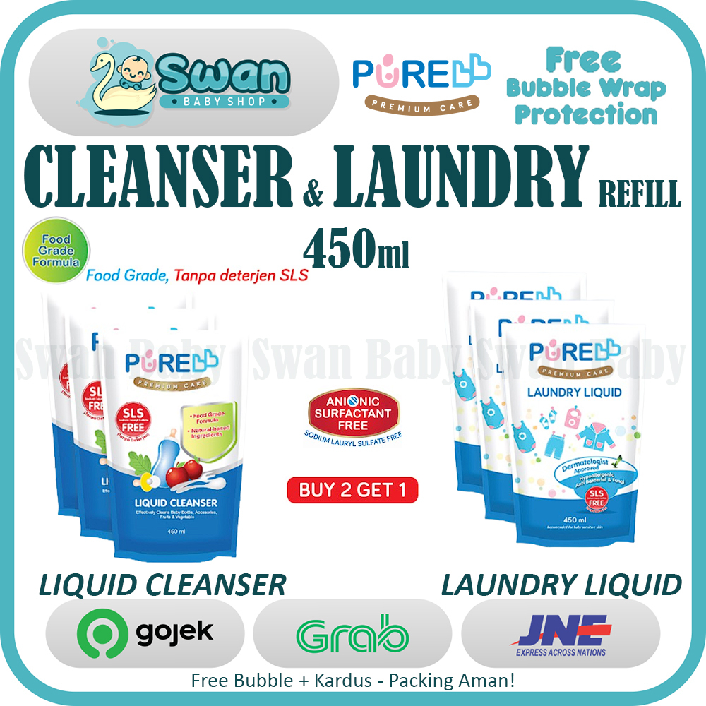 PURE BB Liquid Cleanser (Cuci Botol) &amp; Laundry Liquid (Deterjen) Refill 450ml ( Isi 3 )