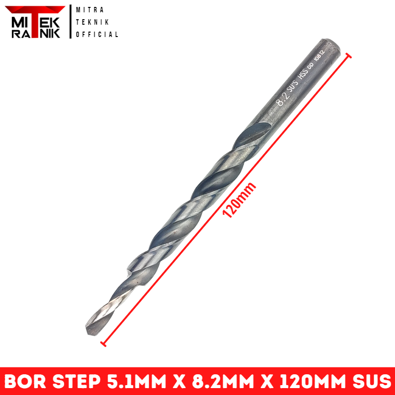 Mata Bor Step 5.1mm x 8.2mm Panjang 120mm Bor Besi HSS SUS