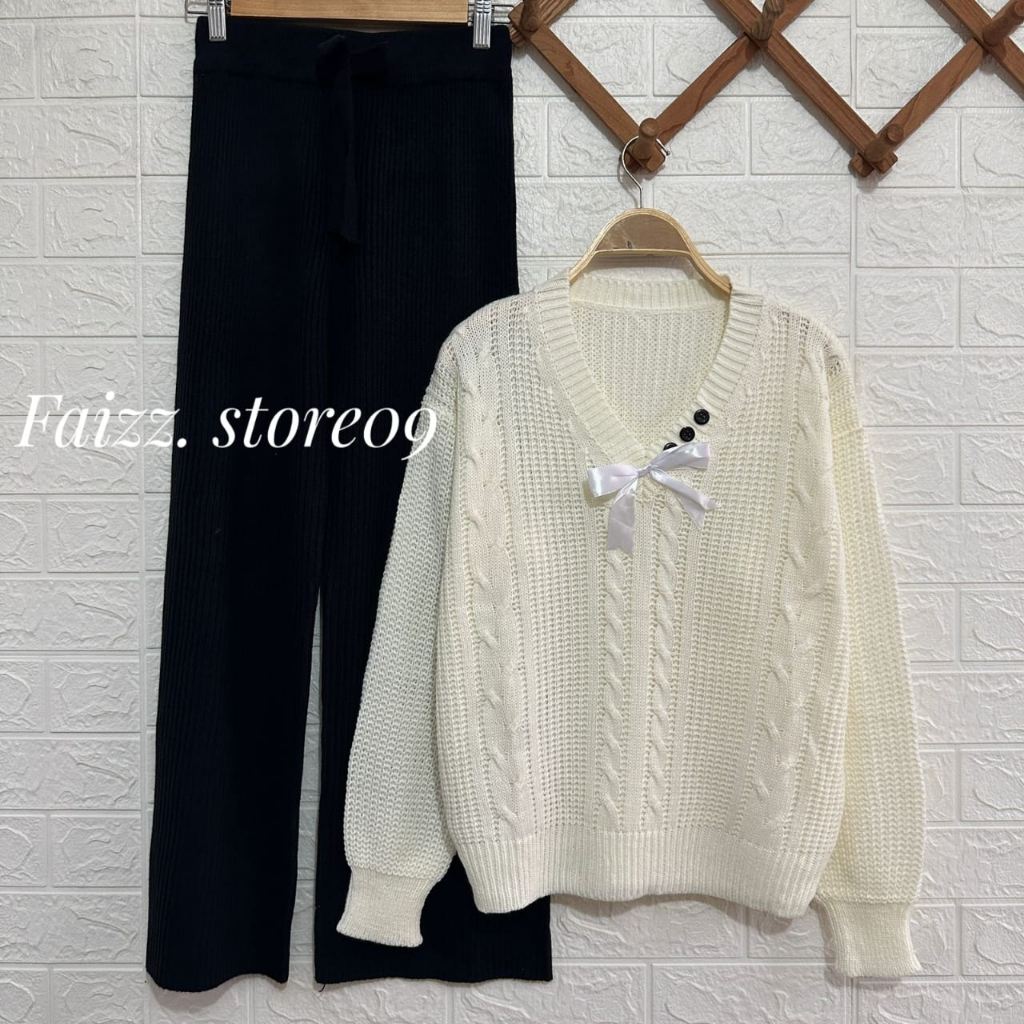 Oneset Saima Sweater Rajut Cable Setelan Celana Kulot