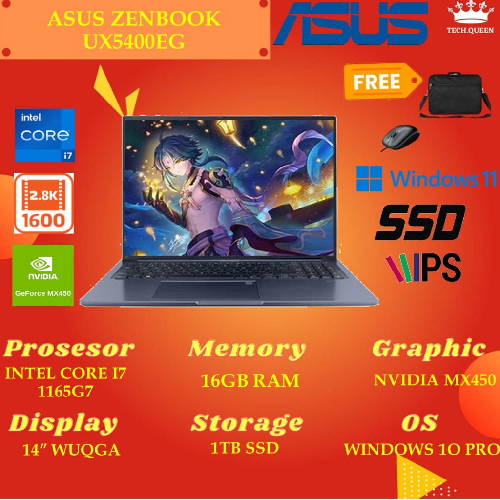 Laptop Asus Zenbook UX5400EG OLED TOUCH - MX450 2GB - Intel Core i7 1165G7 16GB RAM 1TB SSD Windows 10Pro 14.0