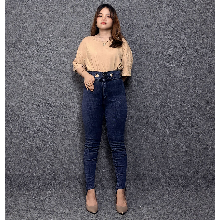 MCO - Celana Jeans wanita HW Skinny Kancing Motif Slimfit