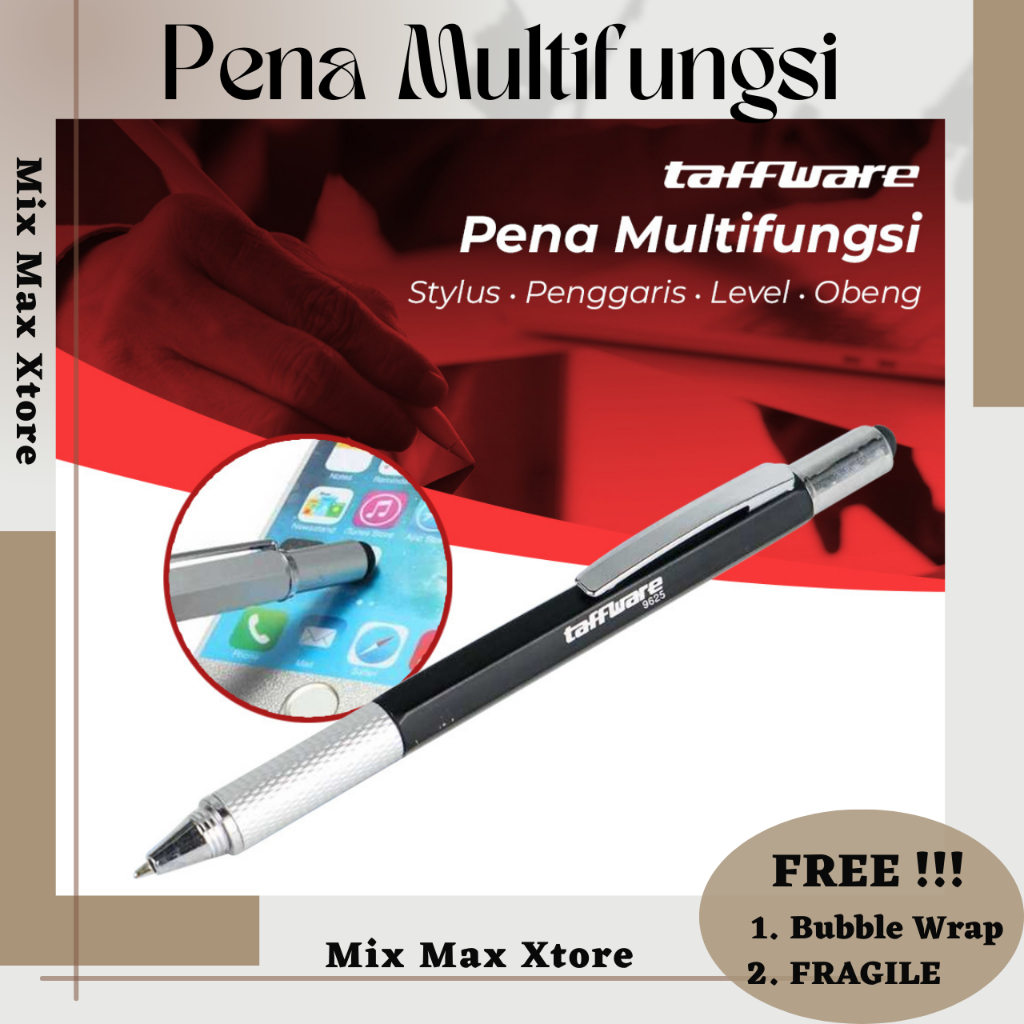 

Taffware Pulpen Pena Multifungsi Stylus + Penggaris + Level + Obeng - Black (9625)