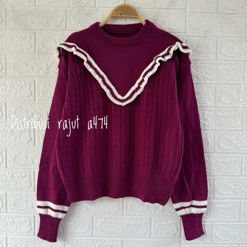 SAIRA SWEATER RAJUT RENDA MOTIF CABLE STRIPE ATASAN WANITA LENGAN PANJANG