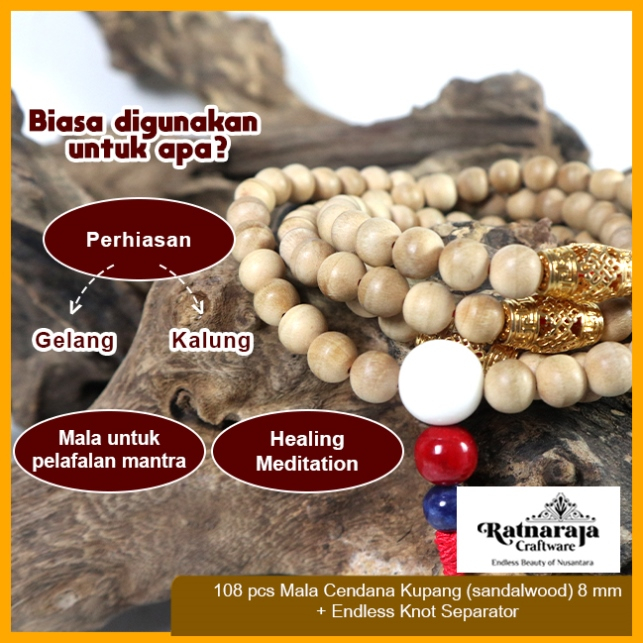 Tasbih Mala Buddha 108 Kayu Cendana Kupang (Sandalwood) + Endless Knot Separator