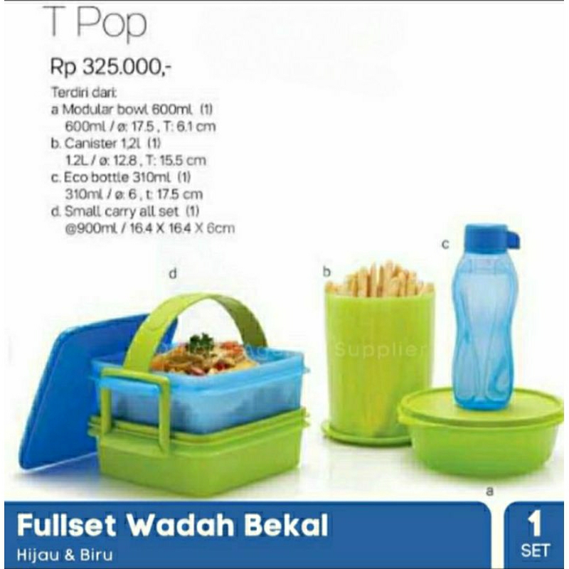T Pop set Tupperware (Fullset Wadah Bekal Hijau & Biru)