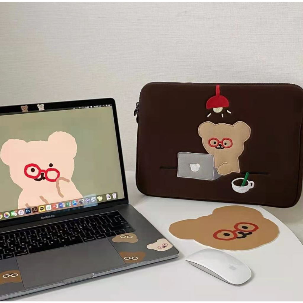 Sleeve Pouch Sarung Tas Bag Case Ipad Tab Tablet Macbook Air A2289 A2251 A2338 A2337 A2179 Pro Laptop Asus Acer Lenovo HP Huawei 11 12 13 14 15 inch Motif Gambar Kartun Bear Beruang Warna Brown Biru Cute Murah Korean Model