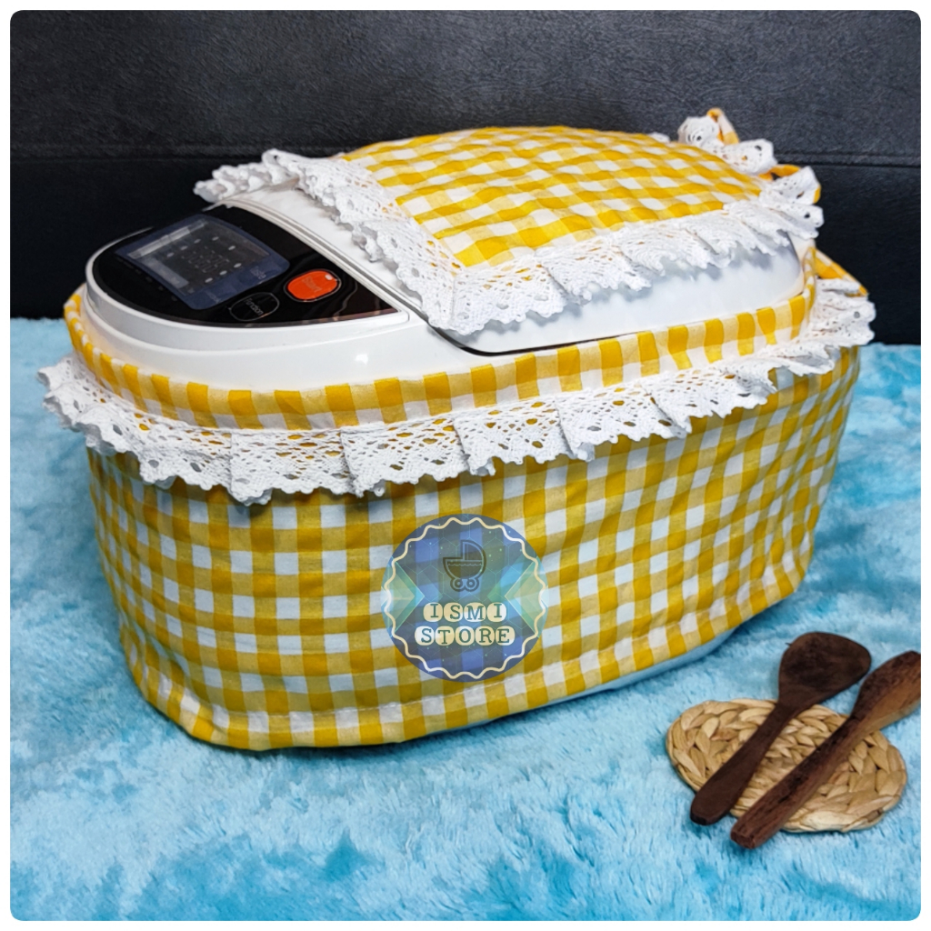 Sarung MAGICOM DIGITAL Oval/Bulat Estetik Rice Cooker Digital Kekinian Motif Kotak Gingham Aksen Renda Rajut dengan Tutup Atas Unik Lucu by Ismi Store