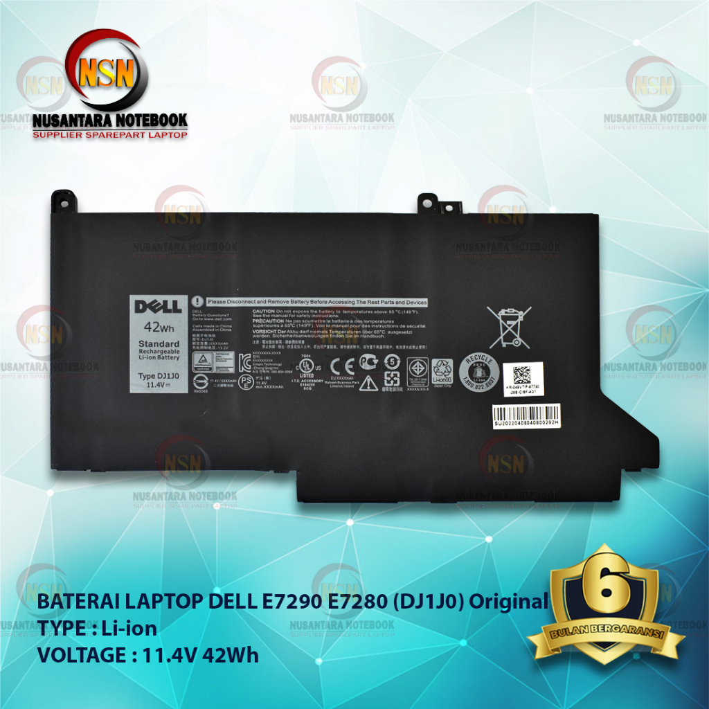 Baterai Dell ORI Latitude E7280 E7480 E7290 E7380 E7390 DJ1J0 11.1V 42Wh