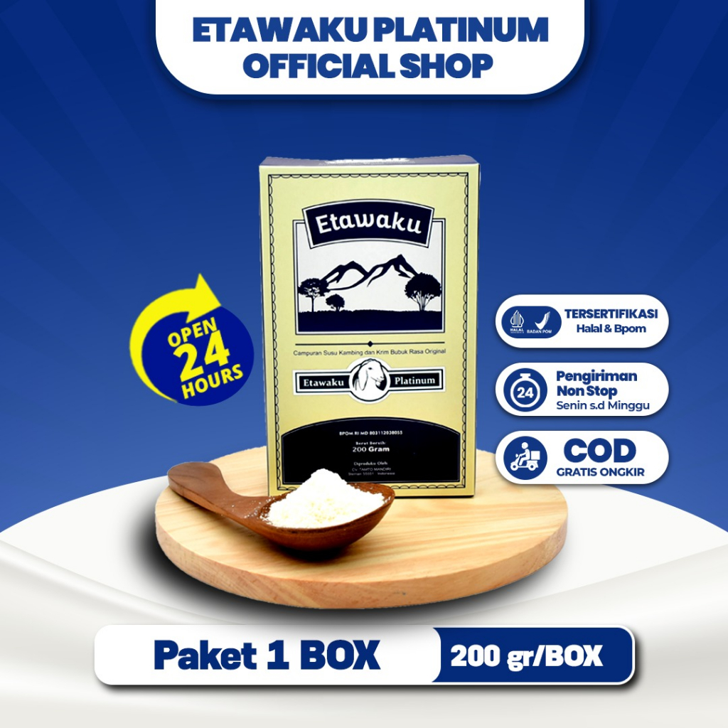 Etawaku Platinum 200 gram terbuat dari susu kambing dan krimer bubuk rendah gula dan lemak bernutrisi tinggi