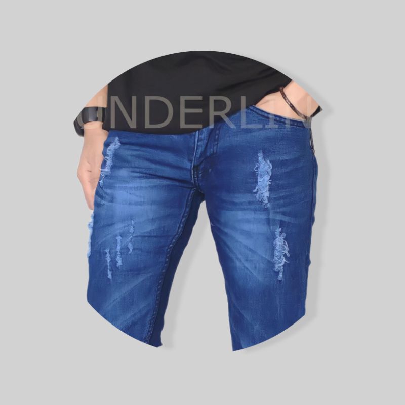 Celana Jeans Pria Sobek Lutut Panjang Slimfit Denim