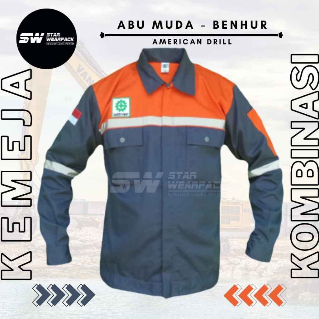 Star Wearpack - Baju Proyek Lengan Panjang Warna Abu Kombinasi Oren