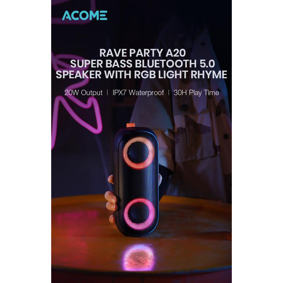 ACOME Super Bass Speaker Bluetooth 5.0 20W IPX7 Waterproof RGB Light Rhyme Rave Party A20