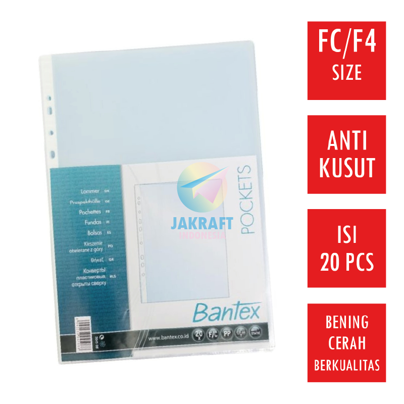 

(20 Pcs) Sheet Protector BANTEX PP Pocket 8843-08 F4 / FC / Folio 0.06 mm Plastik Anti Static Kantong Dokumen File Ordner Binder 8843 08