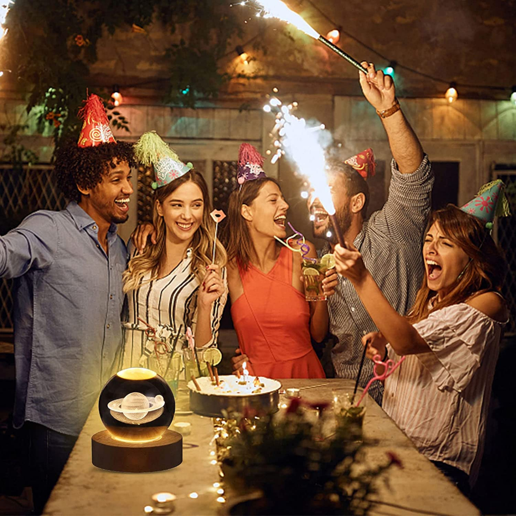 Lampu Tidur Bola Kristal Warm White USB 1.5W Galaxy Planet Saturnus - QU-6 - Transparent