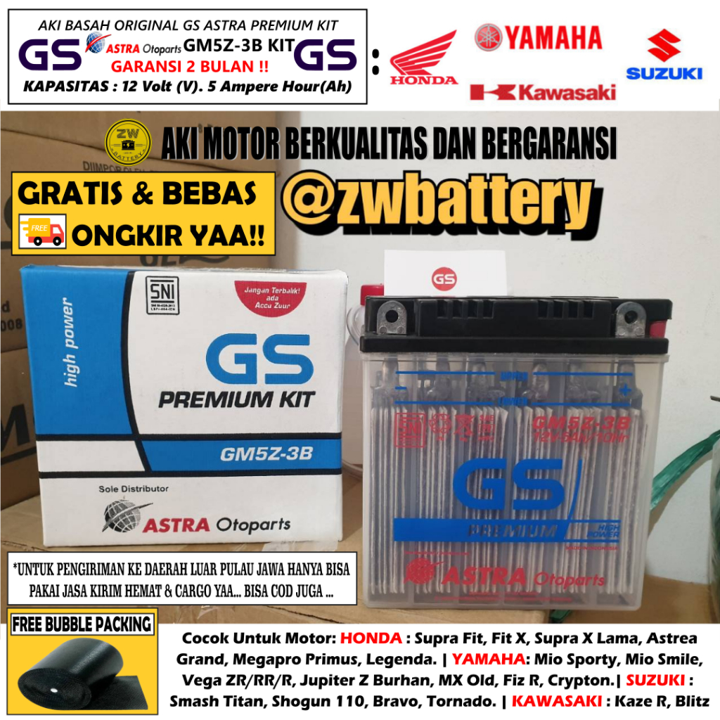 Aki Motor Megapro Primus, Crypton, Shogun 110, F1ZR GM5Z-3B/GT6A MF GS ASTRA ORI AKI BASAH