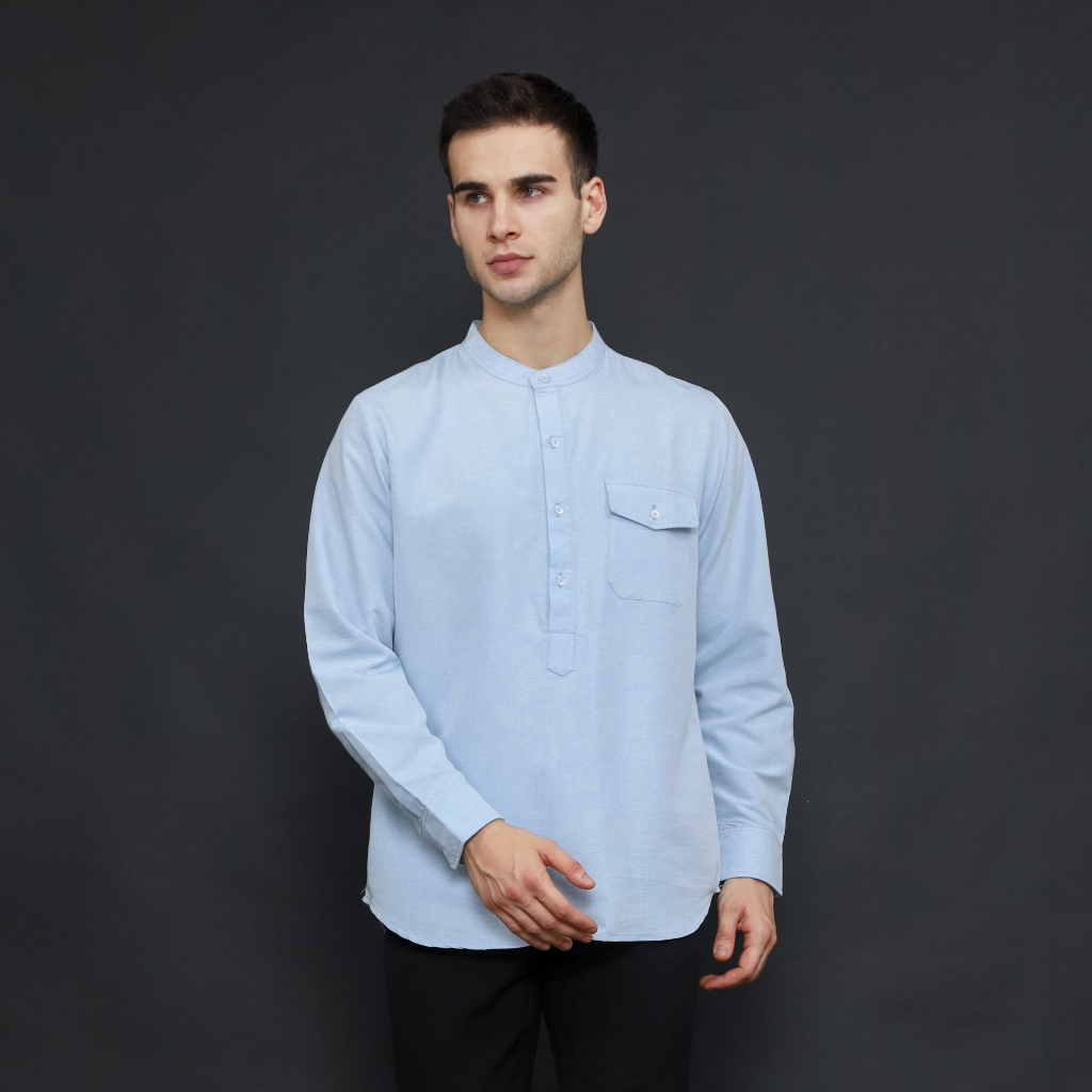 LOA STUDIOS - Baju Koko Kemeja Pria Polos Lengan Panjang Biru Muda - Copper