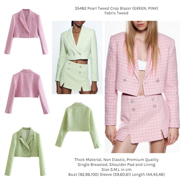 35482 Blazer Hijau Tweed Crop Jas Kerja Kantoran Wanita