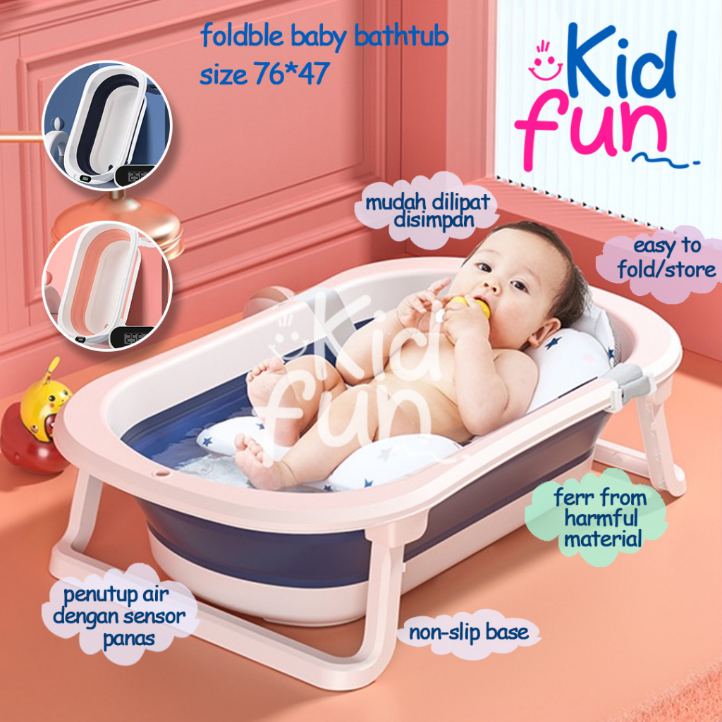 Kidfun- Grosir - Bak Mandi Bayi Thermometer Sensor Panas Lipat Peralatan Bayi Portable Tempat Mandi Bayi Foldble Baby Bathtub Tempat Mandi Bayi Mandi