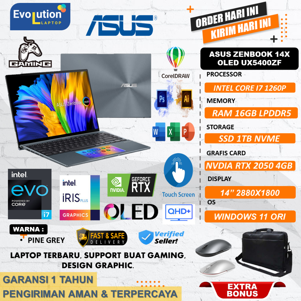 ASUS ZENBOOK 14X OLED UX5400ZF INTEL I7 1260P 16GB DDR5 1TB SSD RTX2050 QHD+ 2.8k PINE GREY