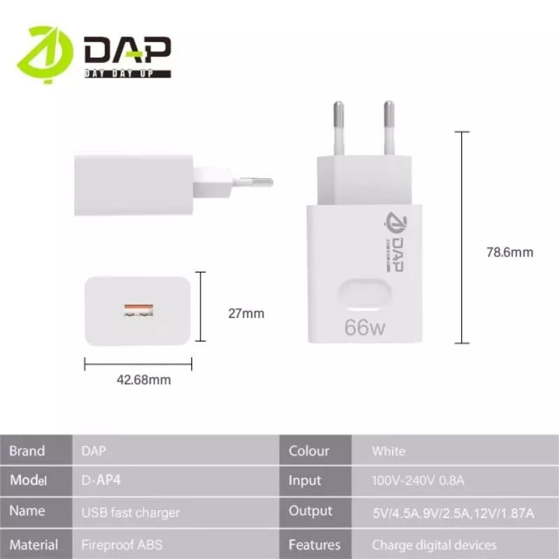 Charger DAP D-AP4 TYPE-C 3A 66W QUALCOMM Casan DAP D-AP4 TIPE C 1USB Fast Charging