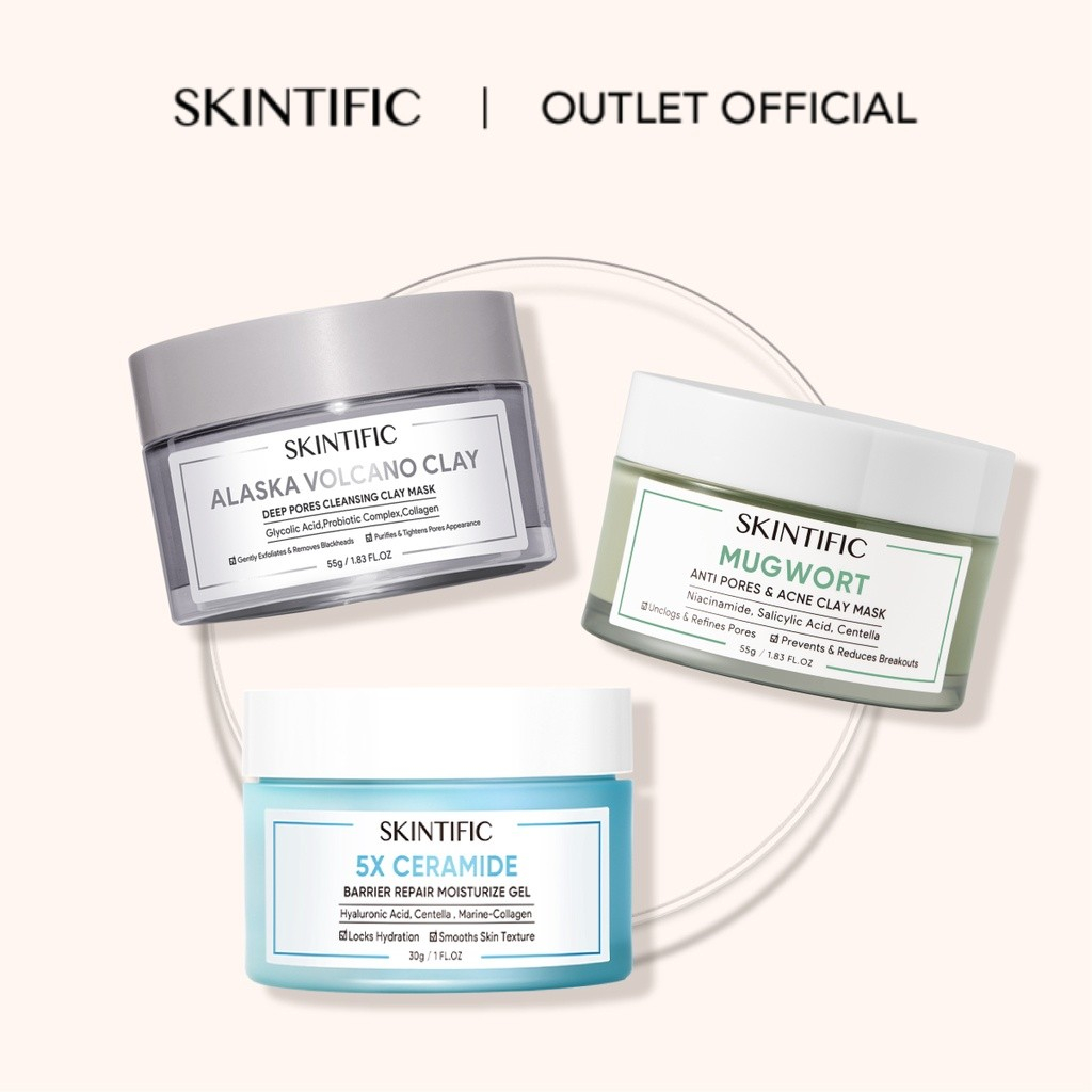 【Skintific Outlet Official】SKINTIFIC 3pcs Facial Care set Deep Pores Cleansing and Barrier  5X Ceramide Moisturizer + Volcano Clay Mask + Mugwort Mask [BPOM]