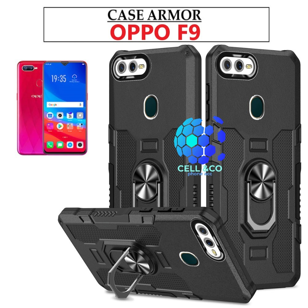 Case Armor OPPO F9 Iring Cincin Magnetic Kesing Hp Protect kamera Premium Hard Case Standing Robot Pelindung Kamera