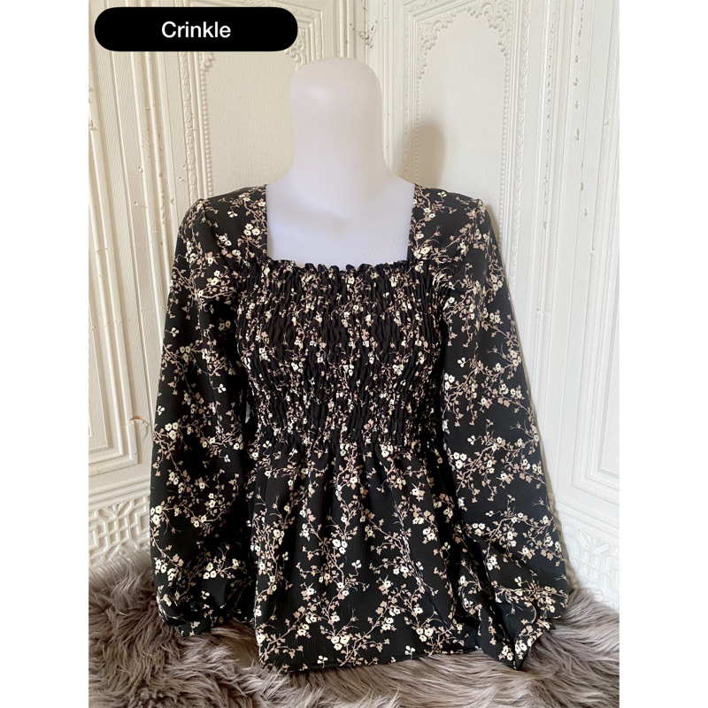 ENZELLA BLOUSE KERUT KOREA MOTIF FLORAL BUNGA Kerah Persegi Kemeja Siffon Chifon