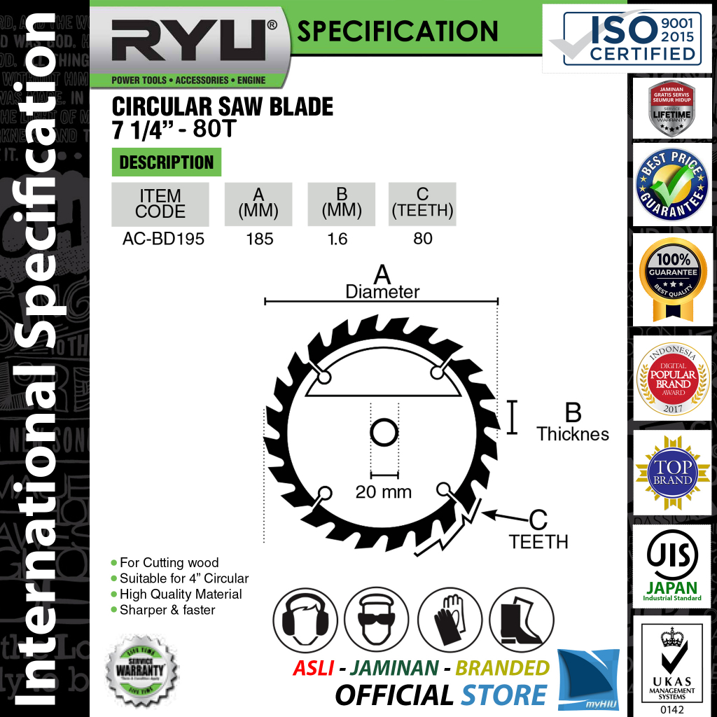 Mata Pisau Sirkuler 7&quot; inch 60T~80T Mesin Gergaji Gurinda Kayu - Circular Saw Blade RYU